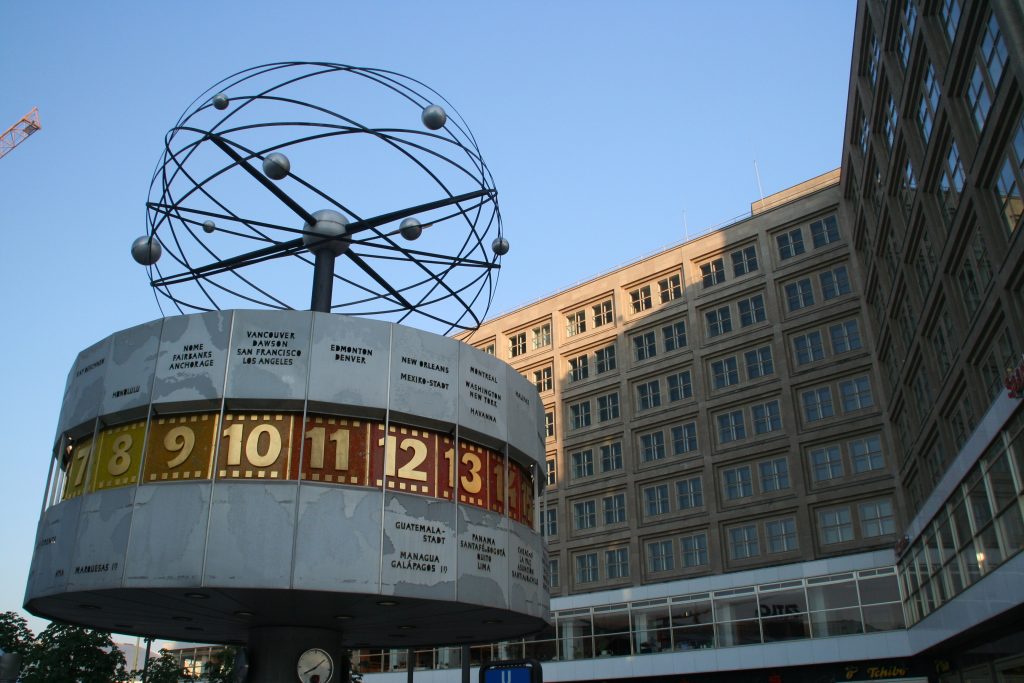 Clock showing the time in various world cities, Berlin Alexanderplatz