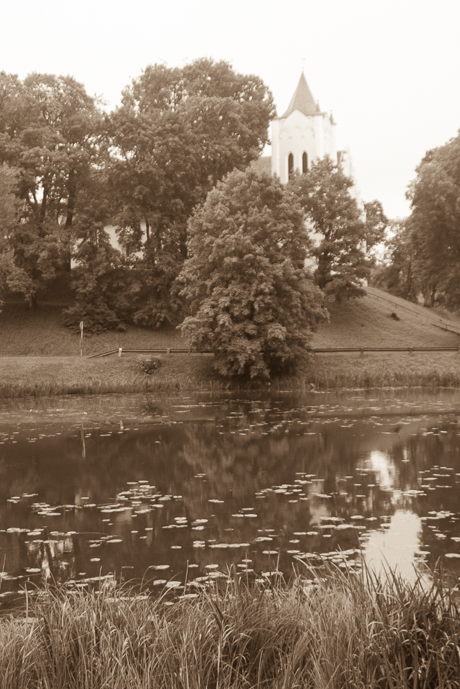 church and river in sepia
